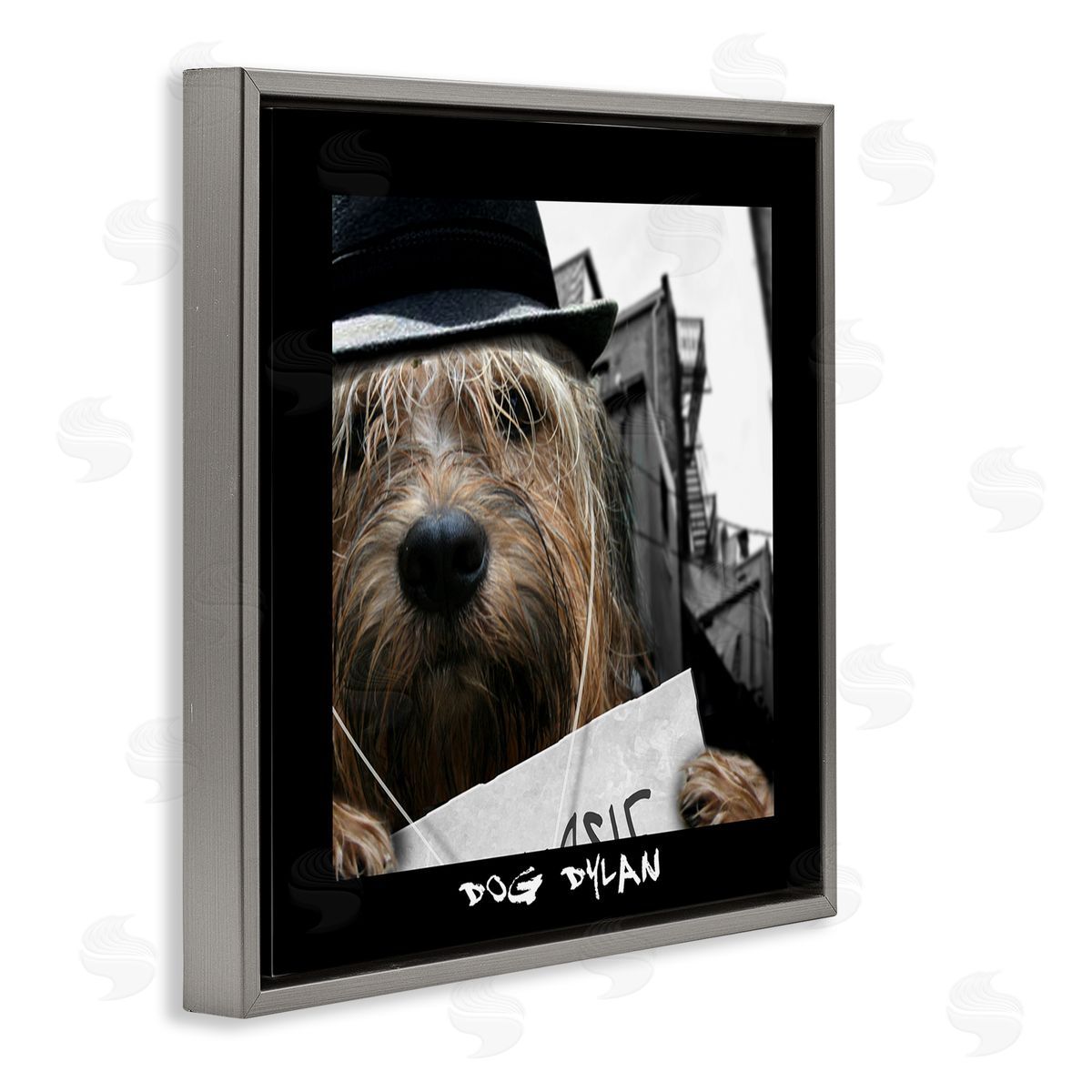 Noah Bay Dog Dylan Funny Musician Wearing Hat Cityscape Gray Floating Frame Canvas Wall Art Print