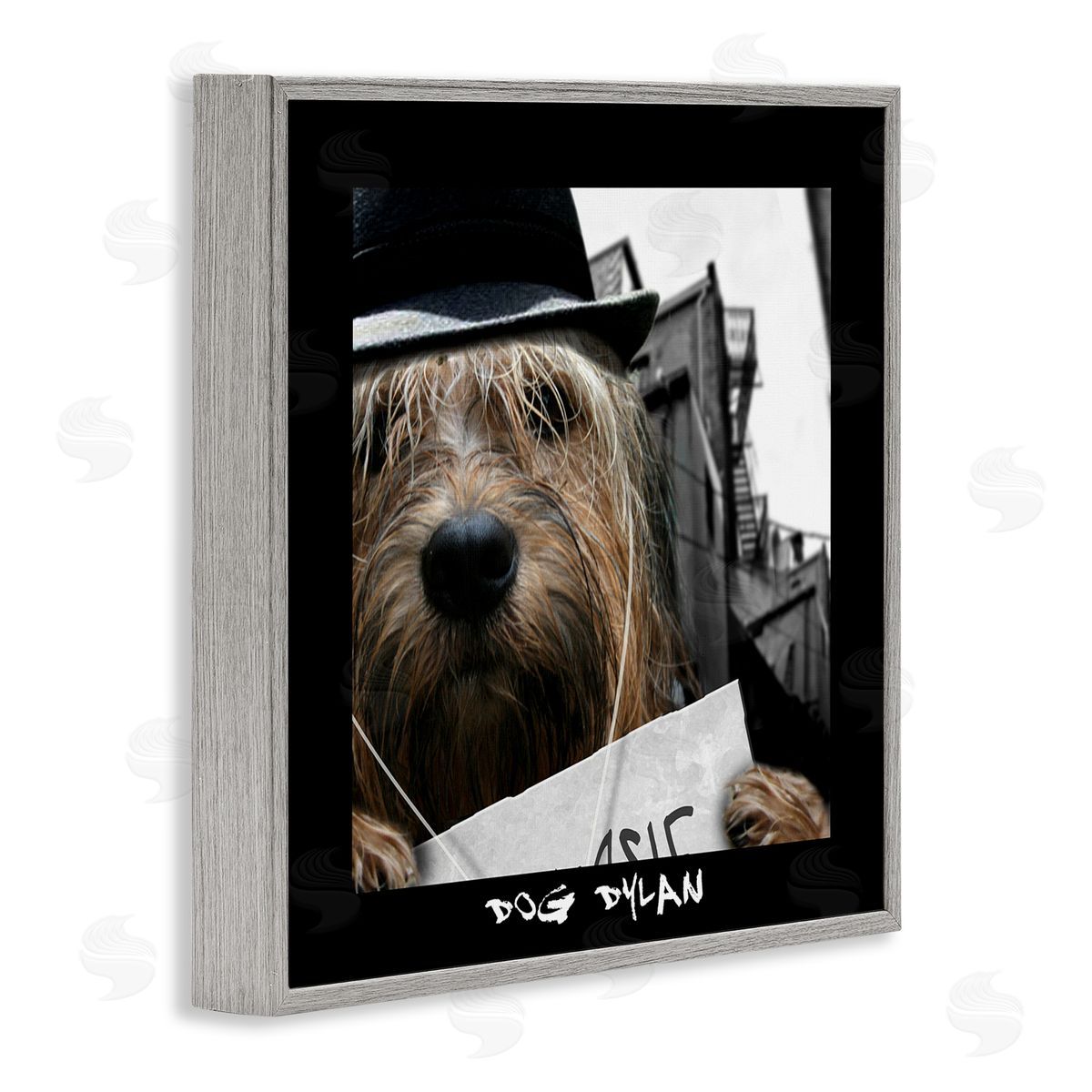 Noah Bay Dog Dylan Funny Musician Wearing Hat Cityscape Gray Framed Glicee Wall Art Print