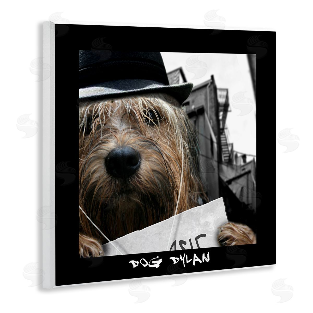 Noah Bay Dog Dylan Funny Musician Wearing Hat Cityscape Wooden Wall Plaque Art Print