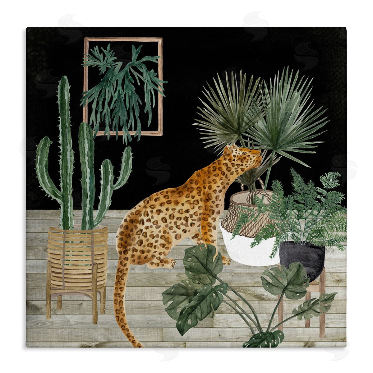 Melissa Wang Leopard Among Various Plants Cactus Planked Floor  Stretched Canvas Wall Art Print