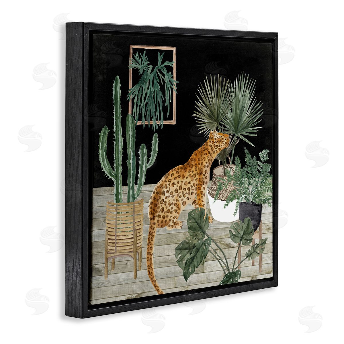 Melissa Wang Leopard Among Various Plants Cactus Planked Floor  Black Floating Frame Canvas Wall Art Print