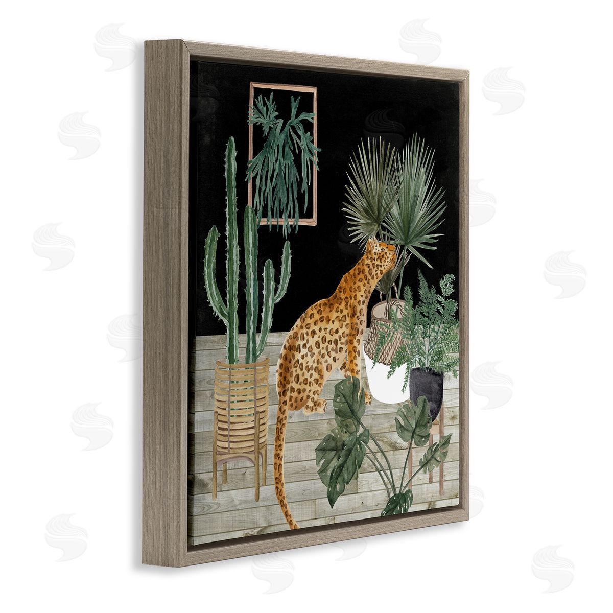Melissa Wang Leopard Among Various Plants Cactus Planked Floor  Brown Floating Frame Canvas Wall Art Print