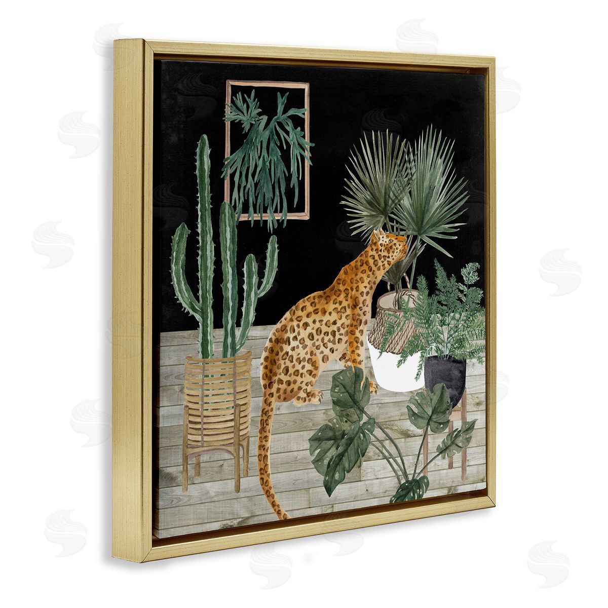 Melissa Wang Leopard Among Various Plants Cactus Planked Floor  Gold Floating Frame Canvas Wall Art Print