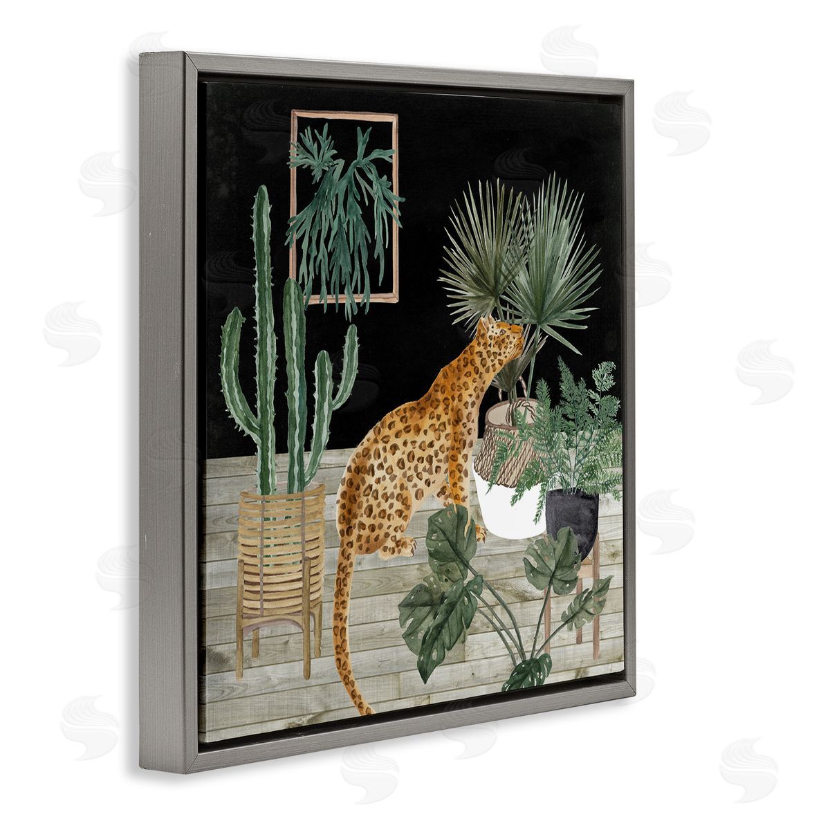 Melissa Wang Leopard Among Various Plants Cactus Planked Floor  Gray Floating Frame Canvas Wall Art Print