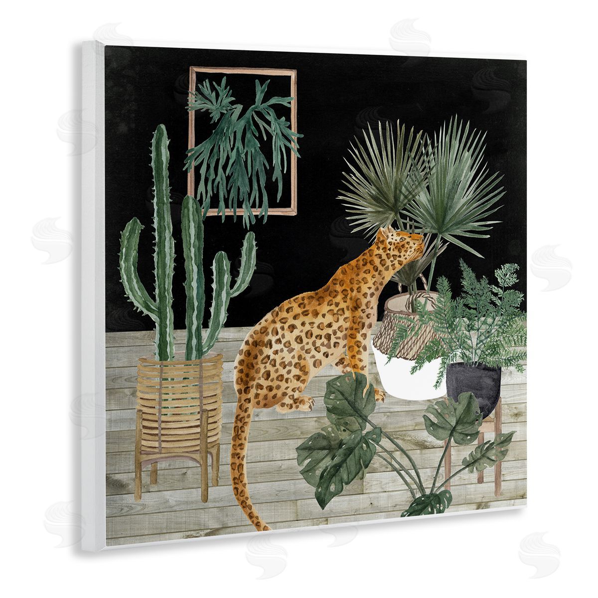 Melissa Wang Leopard Among Various Plants Cactus Planked Floor  Wooden Wall Plaque Art Print