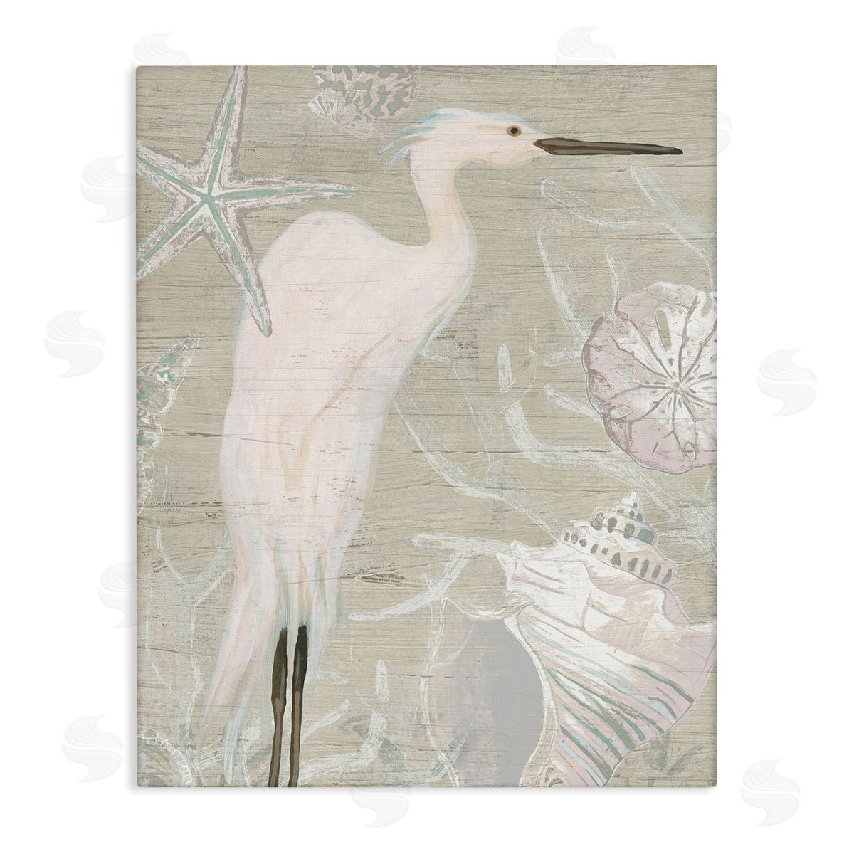 June Erica Vess White Egret Seashells Starfish Rustic Grain Pattern  Stretched Canvas Wall Art Print