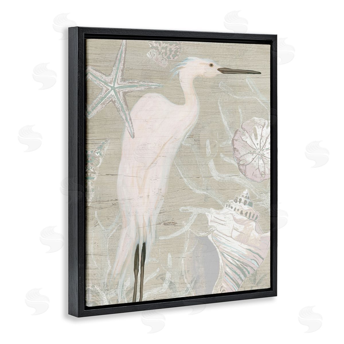 June Erica Vess White Egret Seashells Starfish Rustic Grain Pattern  Black Floating Frame Canvas Wall Art Print
