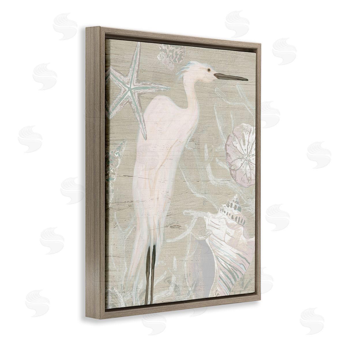 June Erica Vess White Egret Seashells Starfish Rustic Grain Pattern  Brown Floating Frame Canvas Wall Art Print