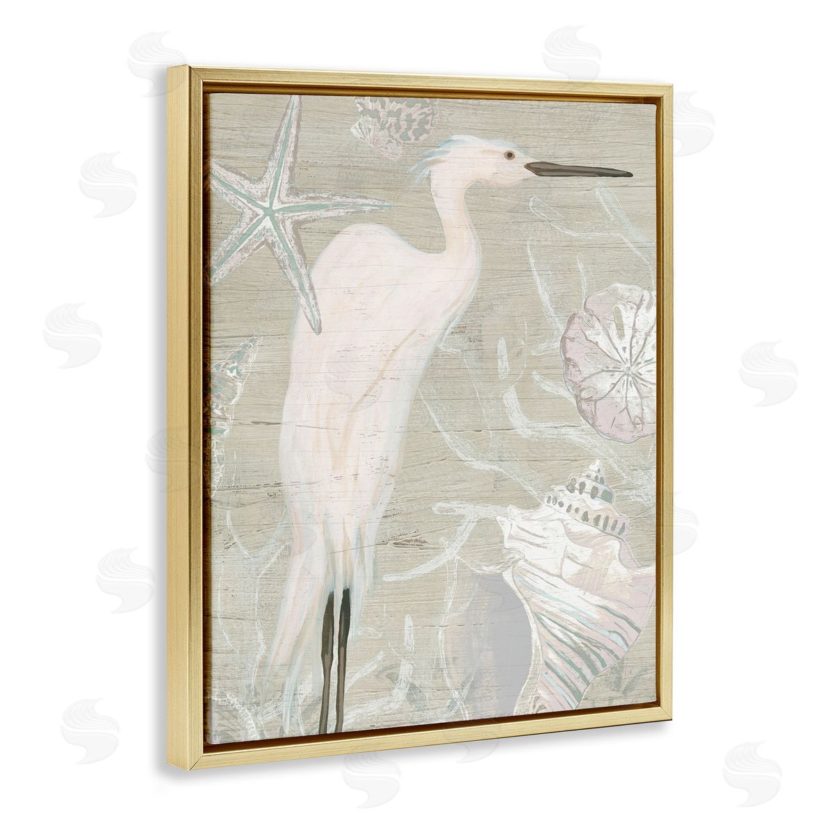 June Erica Vess White Egret Seashells Starfish Rustic Grain Pattern  Gold Floating Frame Canvas Wall Art Print