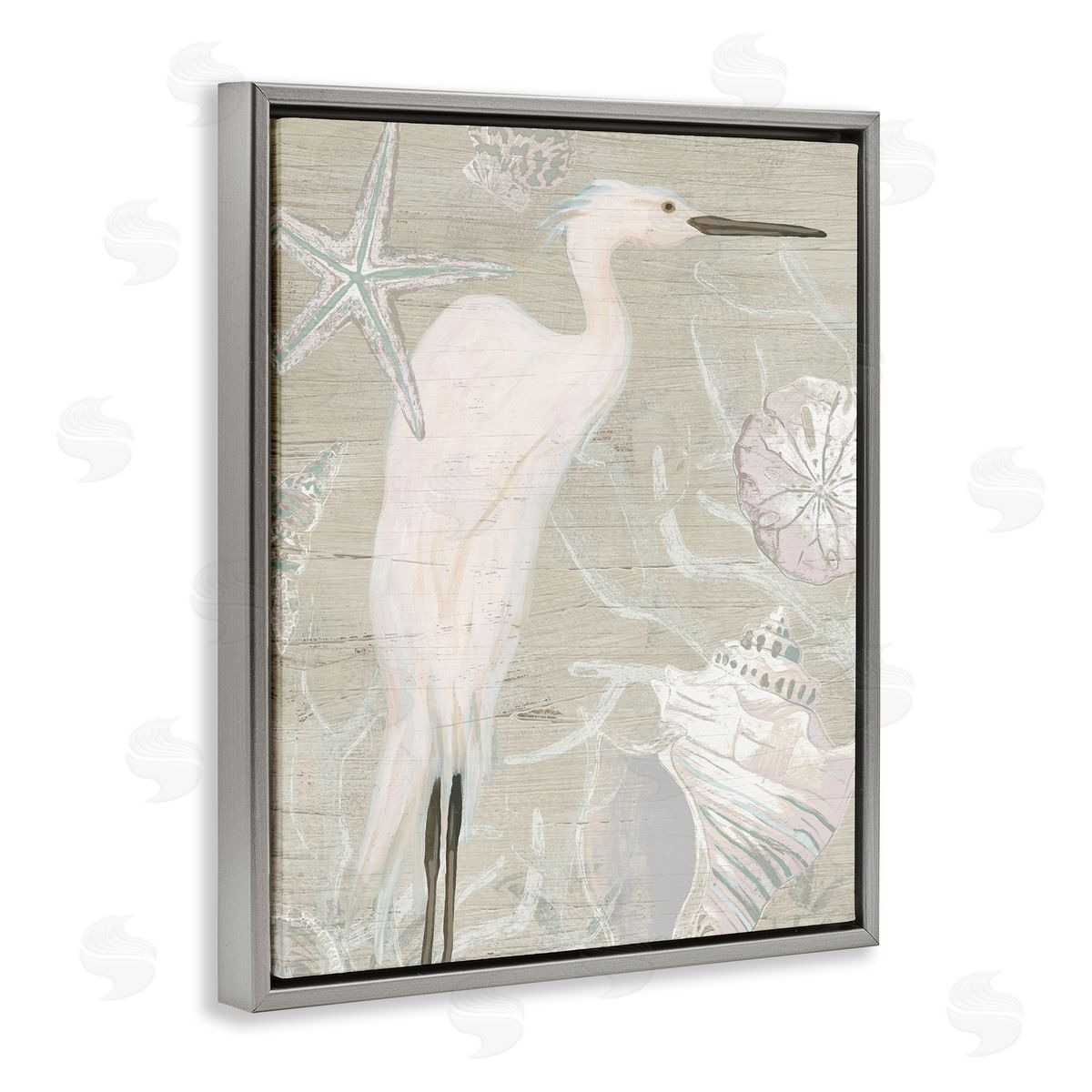 June Erica Vess White Egret Seashells Starfish Rustic Grain Pattern  Gray Floating Frame Canvas Wall Art Print
