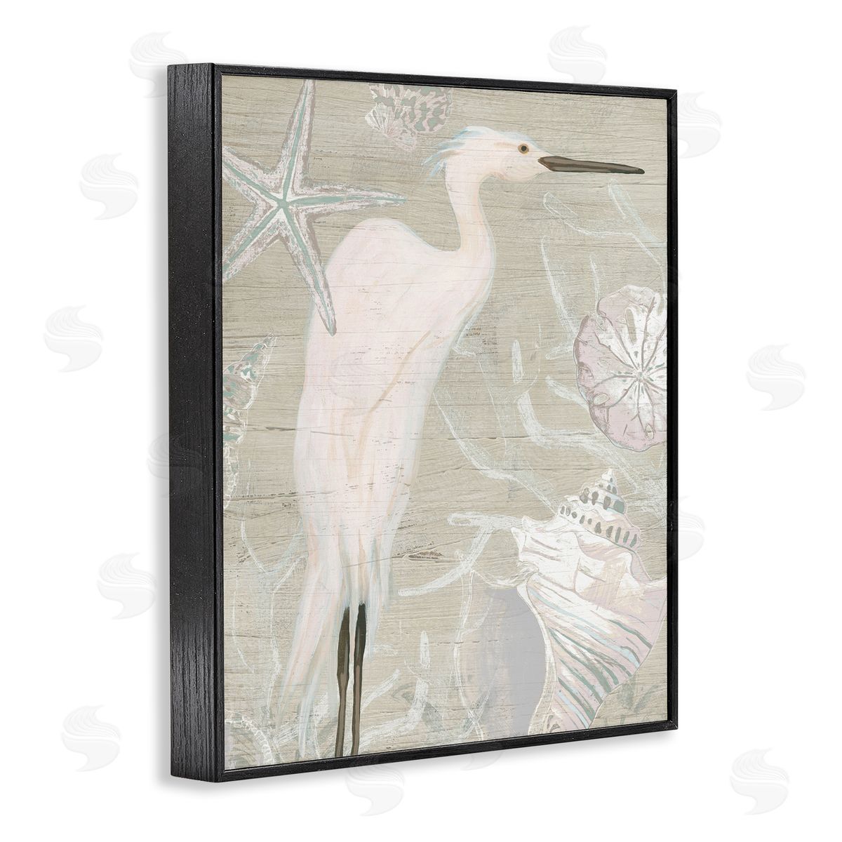 June Erica Vess White Egret Seashells Starfish Rustic Grain Pattern  Black Framed Giclee Wall Art Print