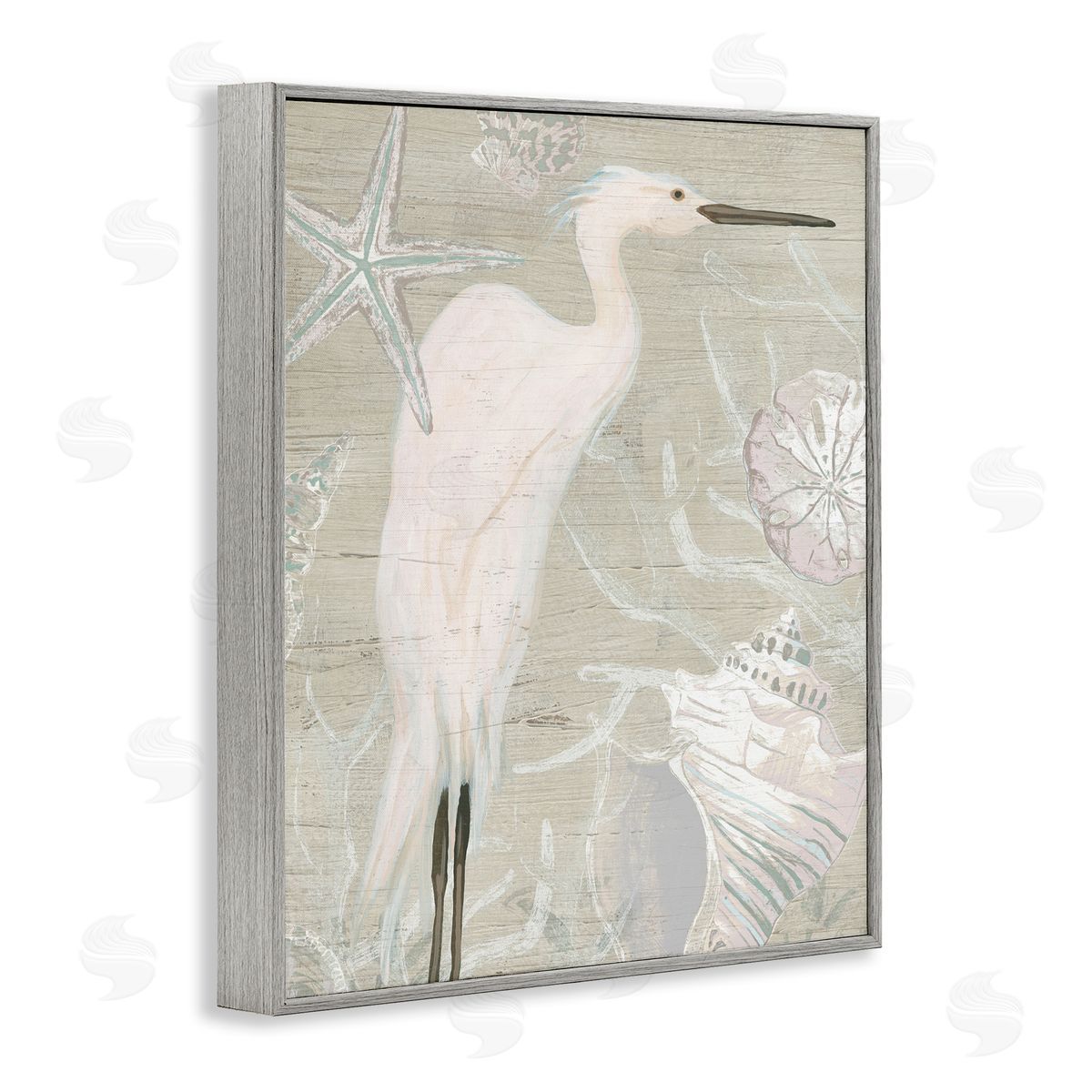 June Erica Vess White Egret Seashells Starfish Rustic Grain Pattern  Gray Framed Giclee Wall Art Print