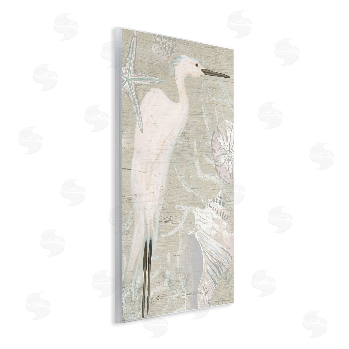 June Erica Vess White Egret Seashells Starfish Rustic Grain Pattern  Wall Plaque Art Print