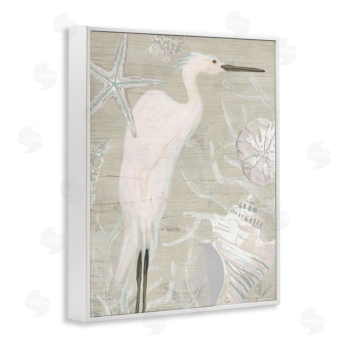 June Erica Vess White Egret Seashells Starfish Rustic Grain Pattern  White Framed Giclee Wall Art Print