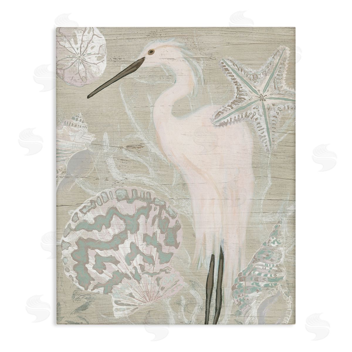 June Erica Vess Rustic Seashells Egret Bird Grainy Pattern Sign Stretched Canvas Wall Art Print