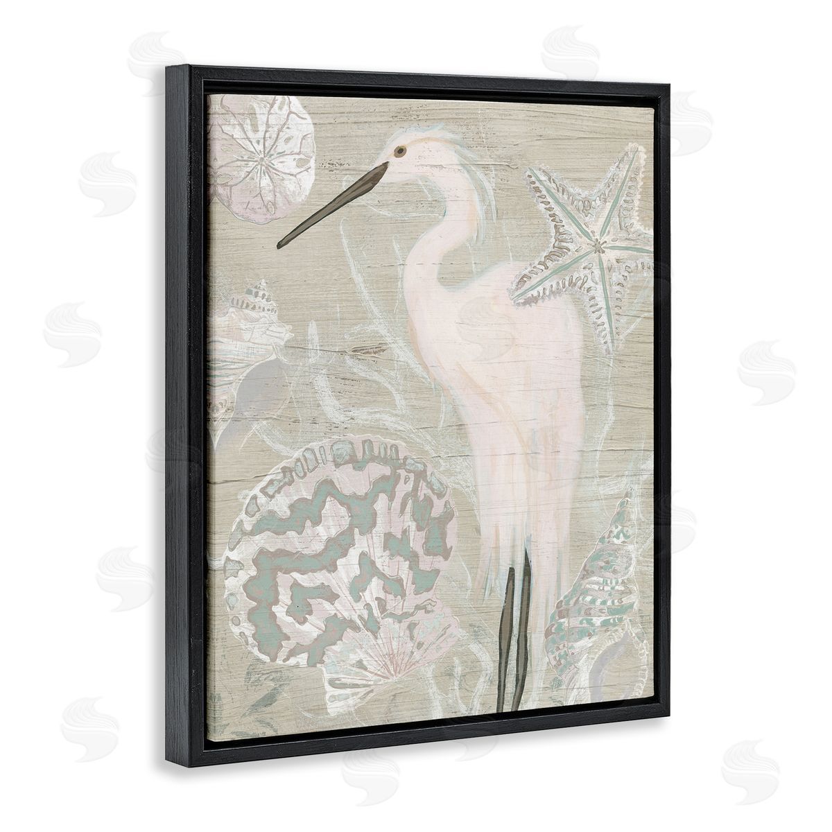 June Erica Vess Rustic Seashells Egret Bird Grainy Pattern Sign Black Floating Frame Canvas Wall Art Print