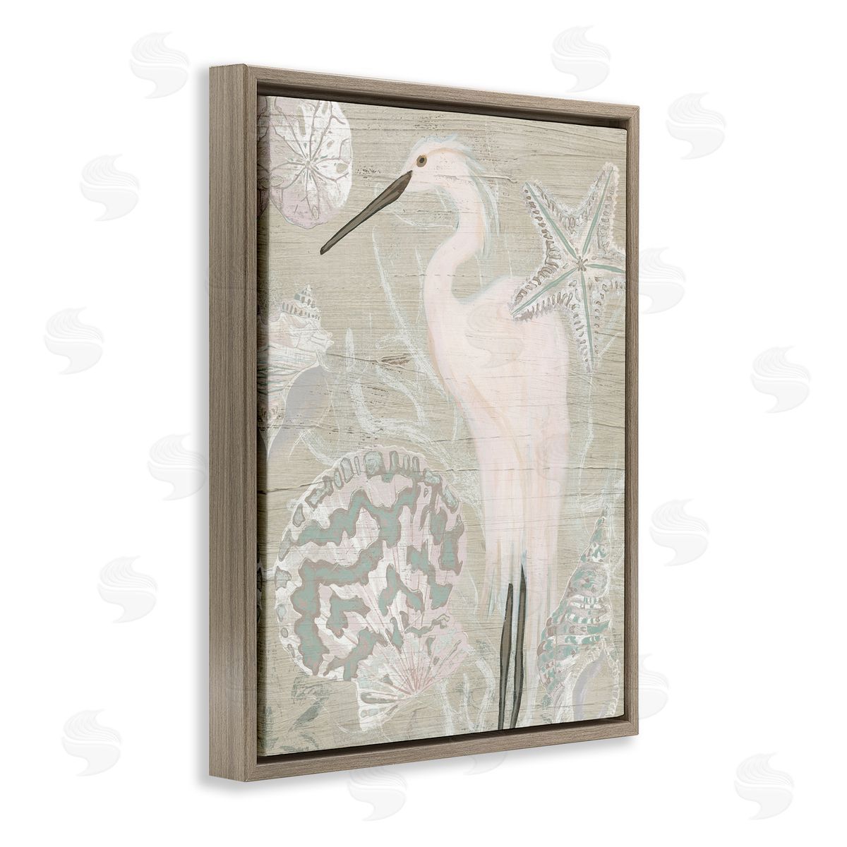 June Erica Vess Rustic Seashells Egret Bird Grainy Pattern Sign Brown Floating Frame Canvas Wall Art Print