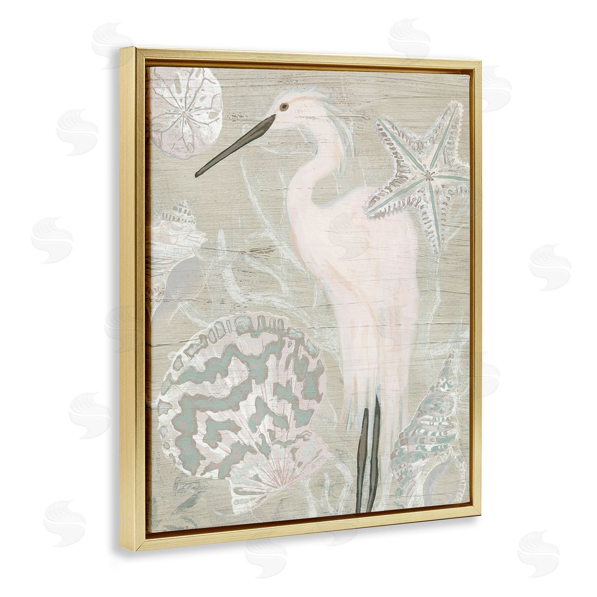June Erica Vess Rustic Seashells Egret Bird Grainy Pattern Sign Gold Floating Frame Canvas Wall Art Print