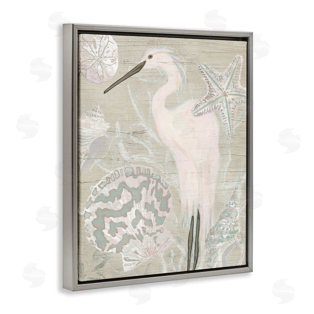 June Erica Vess Rustic Seashells Egret Bird Grainy Pattern Sign Gray Floating Frame Canvas Wall Art Print