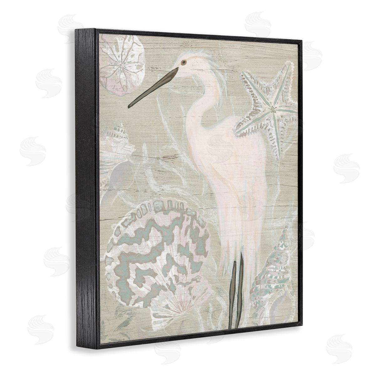 June Erica Vess Rustic Seashells Egret Bird Grainy Pattern Sign Black Framed Giclee Wall Art Print