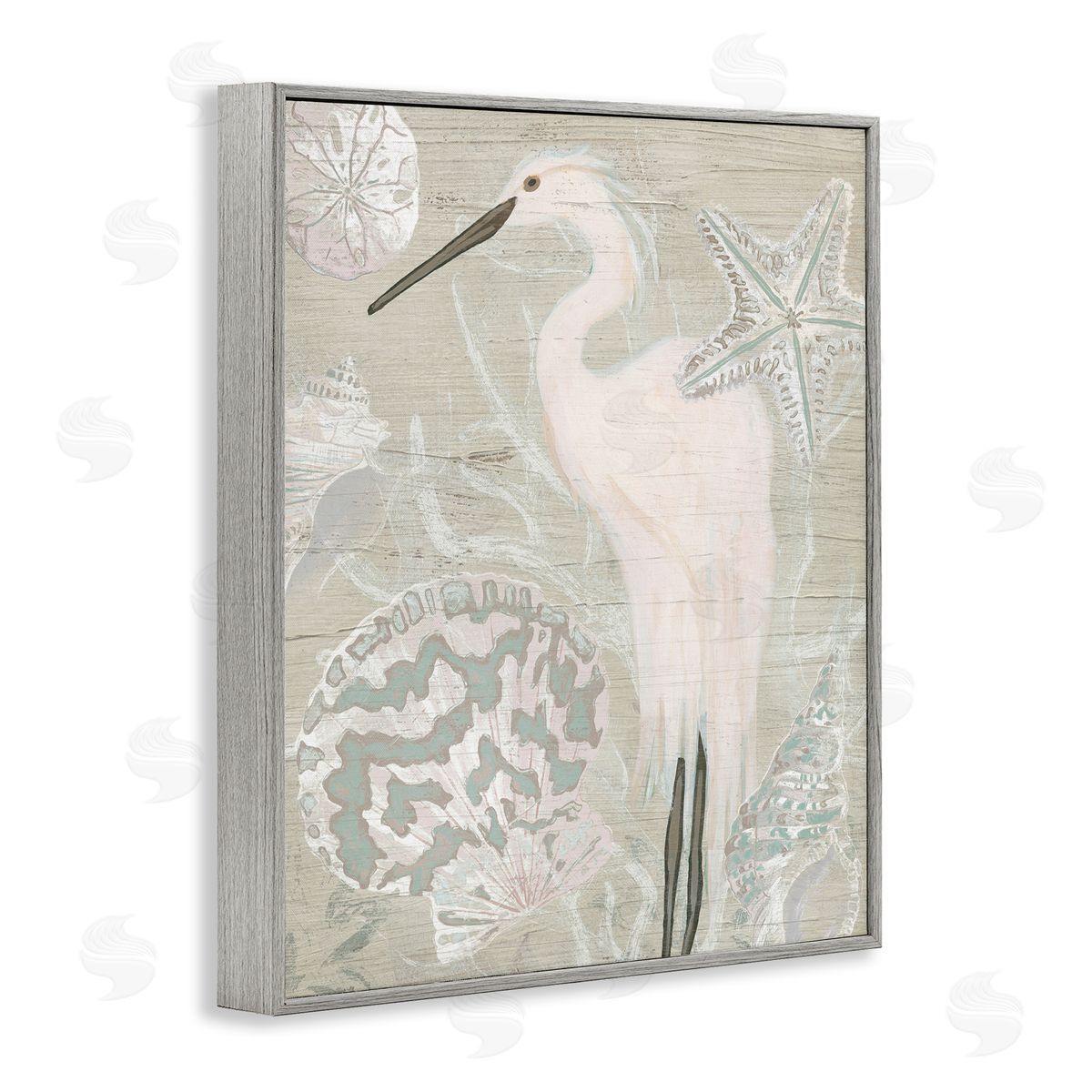 June Erica Vess Rustic Seashells Egret Bird Grainy Pattern Sign Gray Framed Giclee Wall Art Print