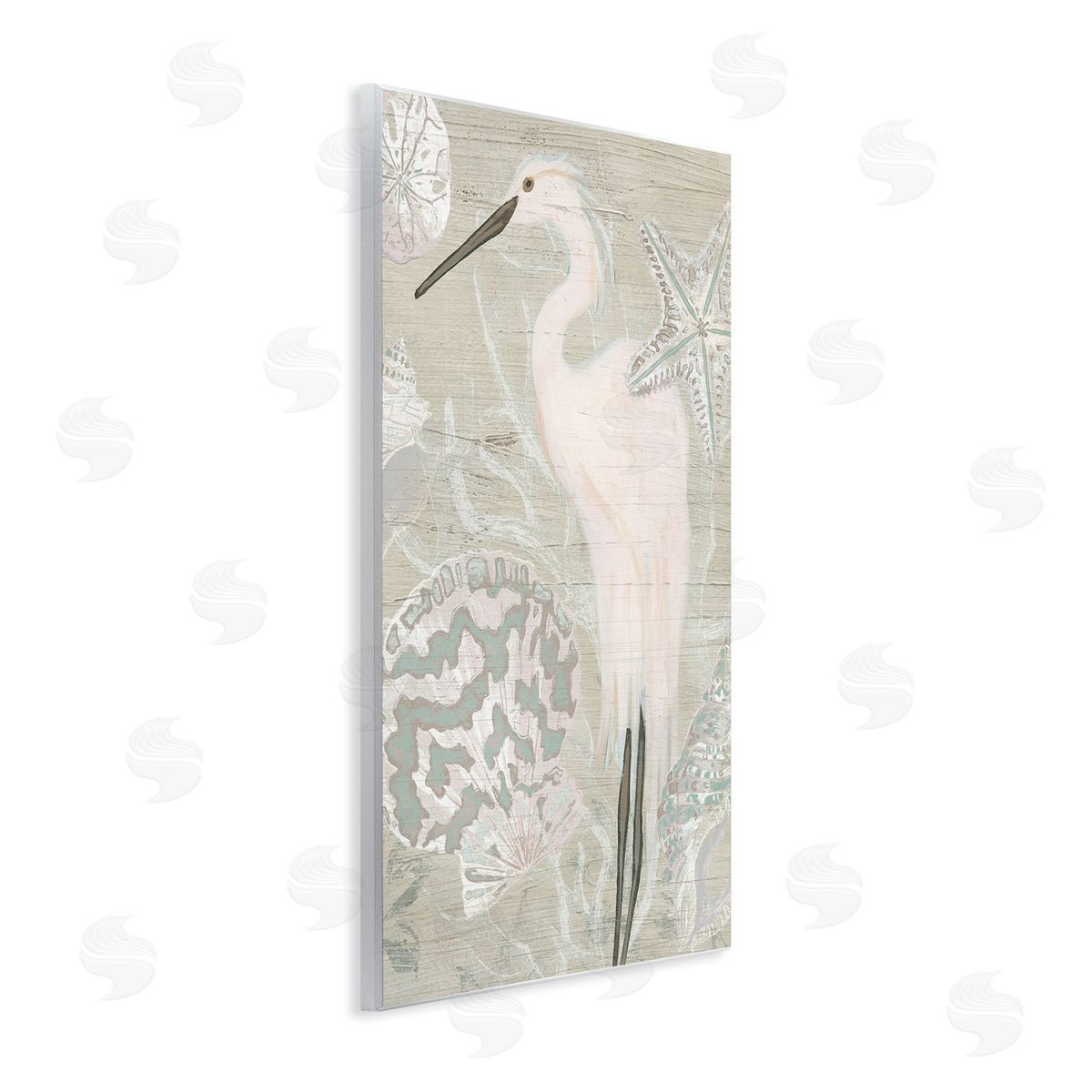 June Erica Vess Rustic Seashells Egret Bird Grainy Pattern Sign Wall Plaque Art Print