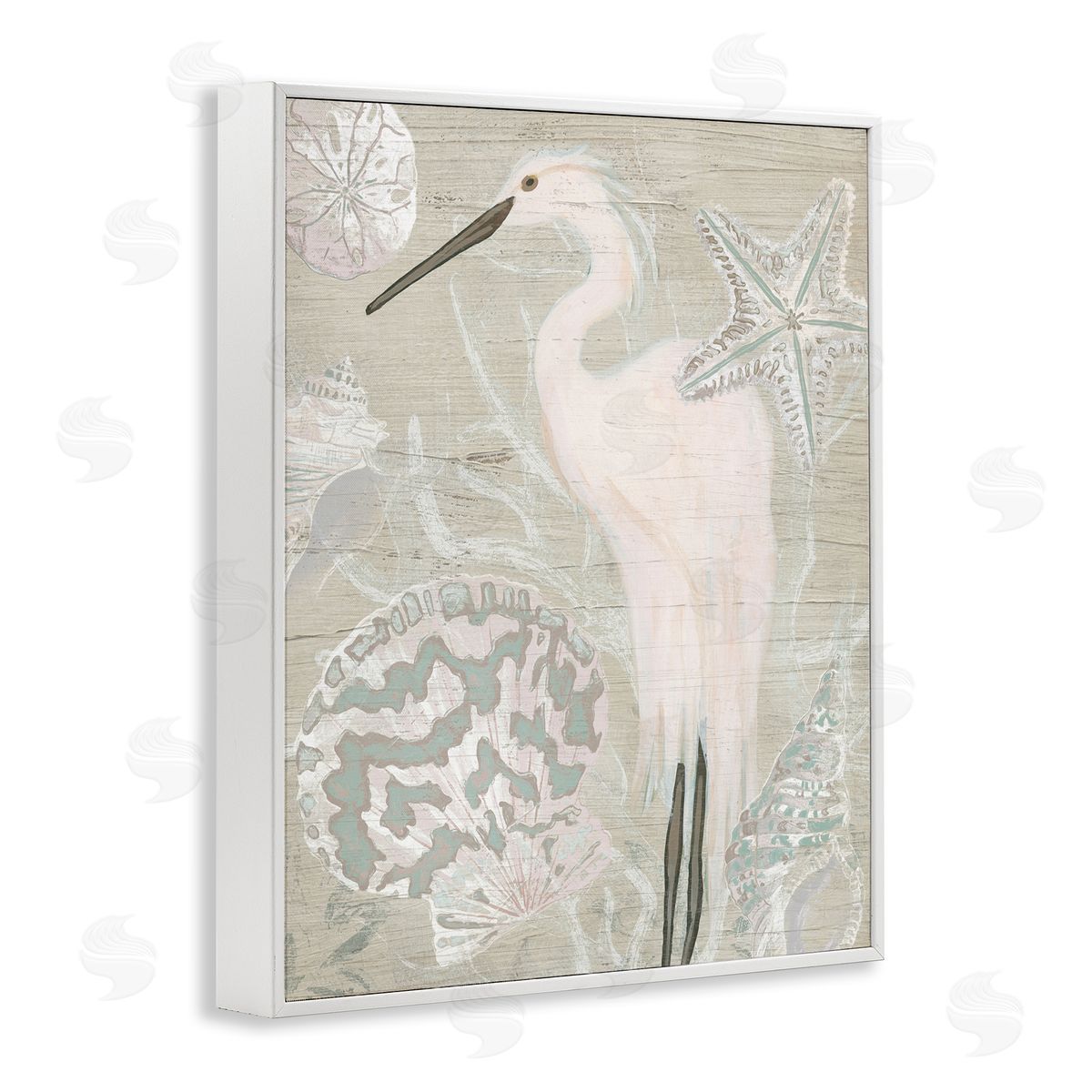 June Erica Vess Rustic Seashells Egret Bird Grainy Pattern Sign White Framed Giclee Wall Art Print