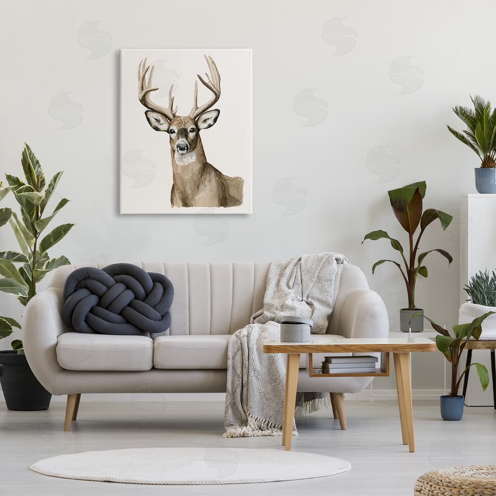 Grace Popp Brown Deer Gazing Antlers Watercolor Portrait  Canvas Wall Art Print in Room