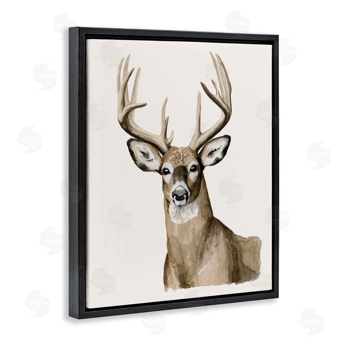 Grace Popp Brown Deer Gazing Antlers Watercolor Portrait  Black Floating Frame Canvas Wall Art Print