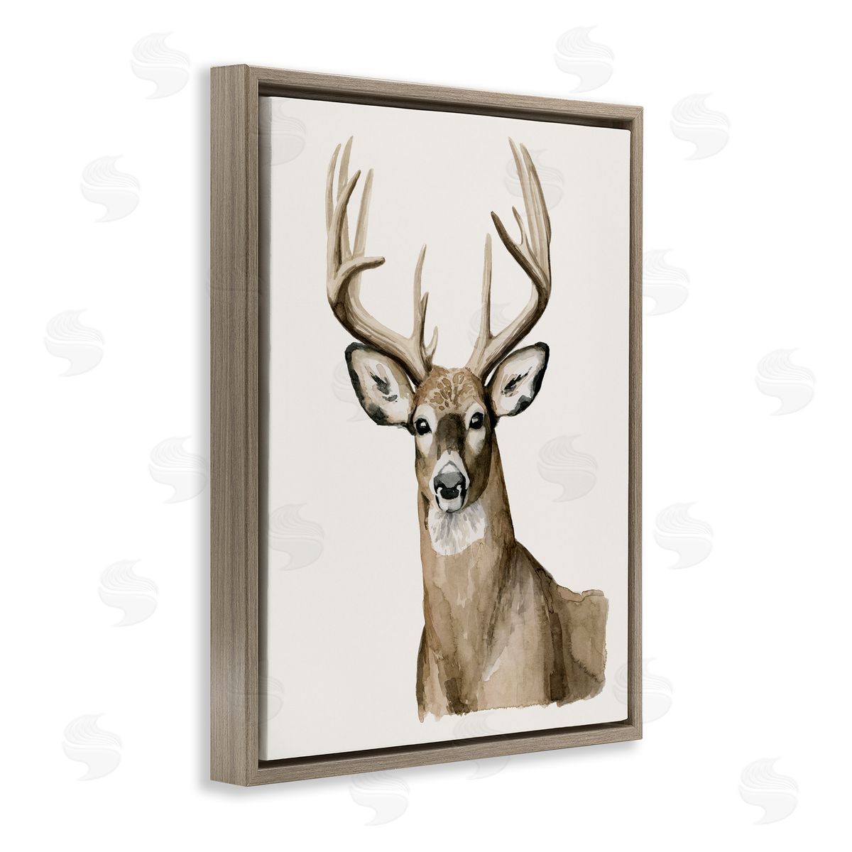 Grace Popp Brown Deer Gazing Antlers Watercolor Portrait  Brown Floating Frame Canvas Wall Art Print