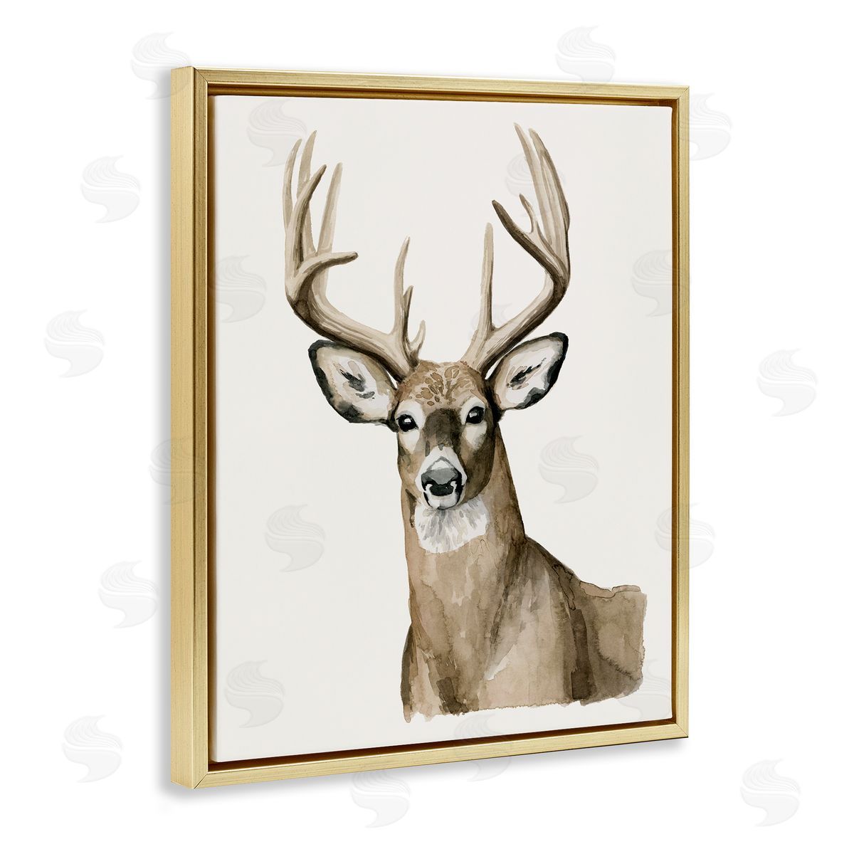 Grace Popp Brown Deer Gazing Antlers Watercolor Portrait  Gold Floating Frame Canvas Wall Art Print