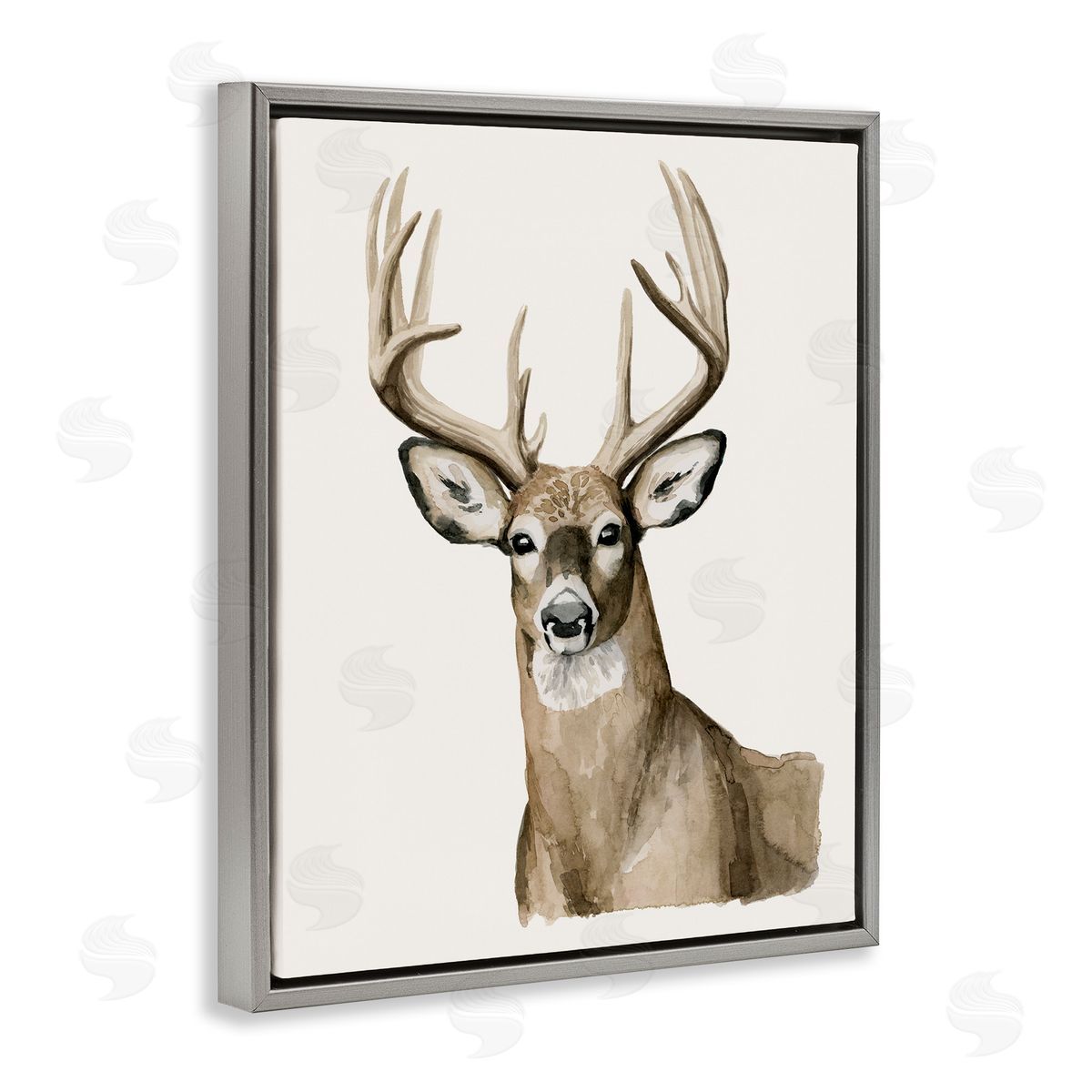 Grace Popp Brown Deer Gazing Antlers Watercolor Portrait  Gray Floating Frame Canvas Wall Art Print