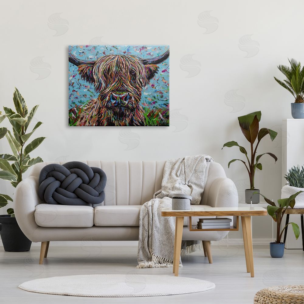 Carolee Vitaletti Highland Cattle Cow Layered Flecked Abstract Portrait Canvas Wall Art Print in Room
