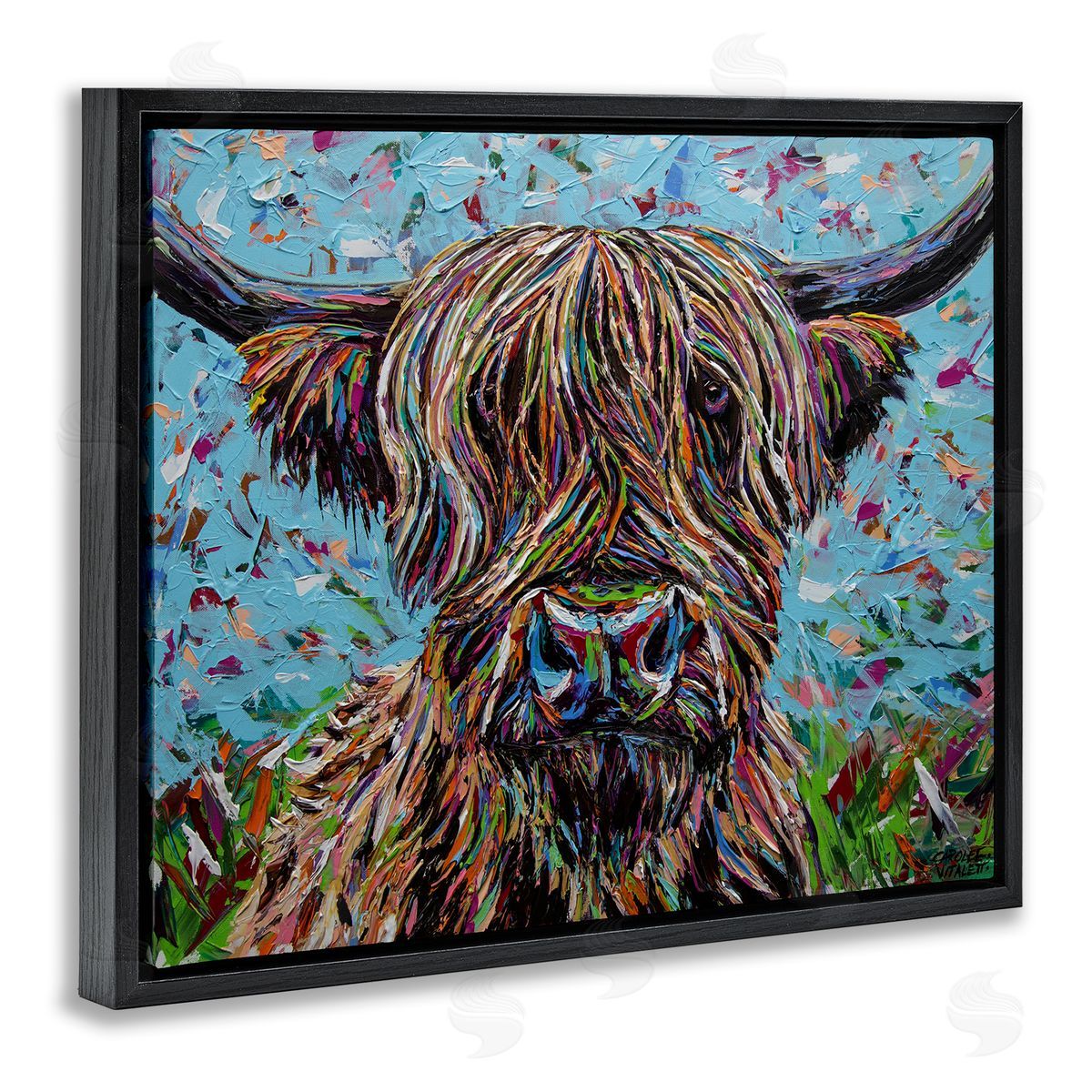 Carolee Vitaletti Highland Cattle Cow Layered Flecked Abstract Portrait Black Floating Frame Canvas Wall Art Print