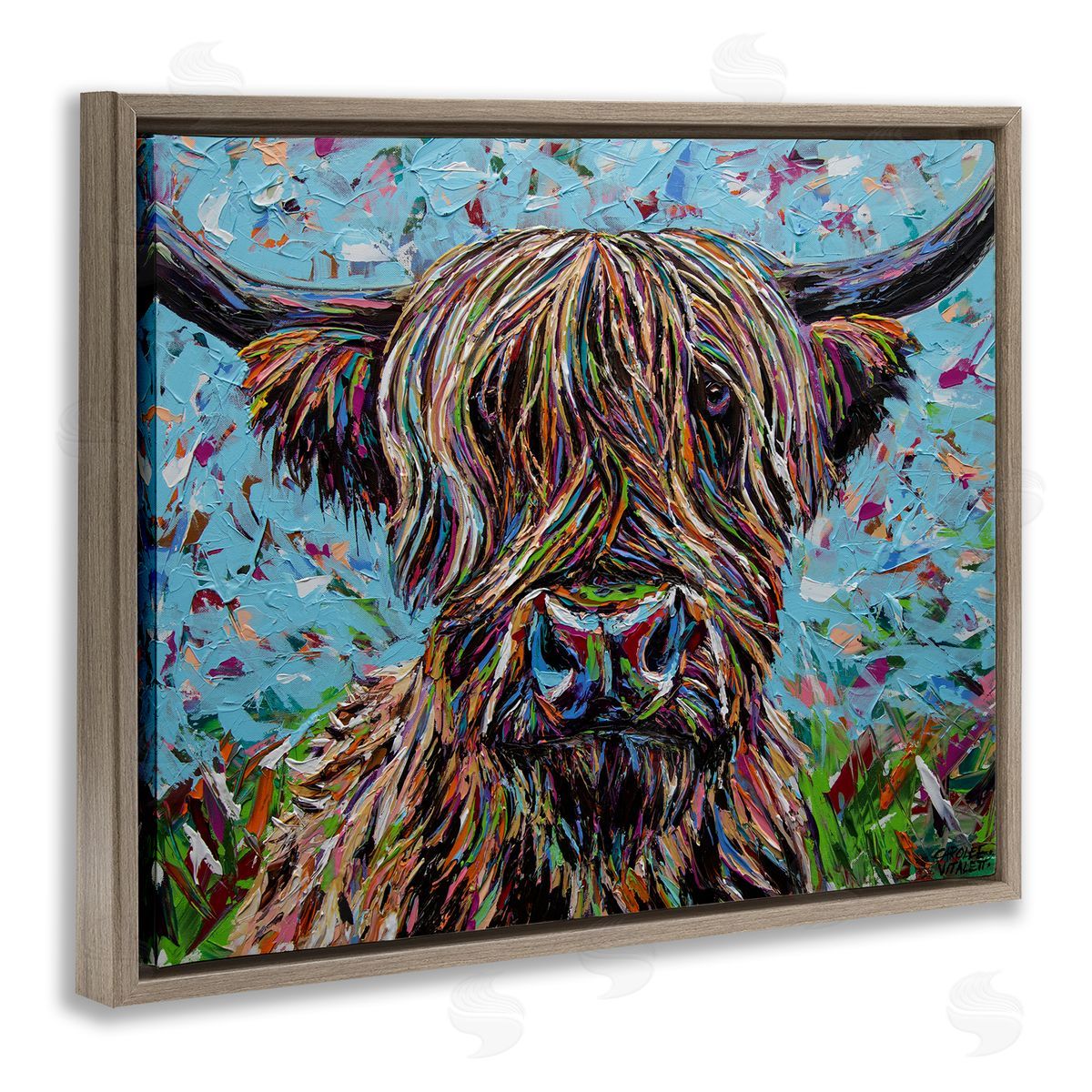 Carolee Vitaletti Highland Cattle Cow Layered Flecked Abstract Portrait Brown Floating Frame Canvas Wall Art Print