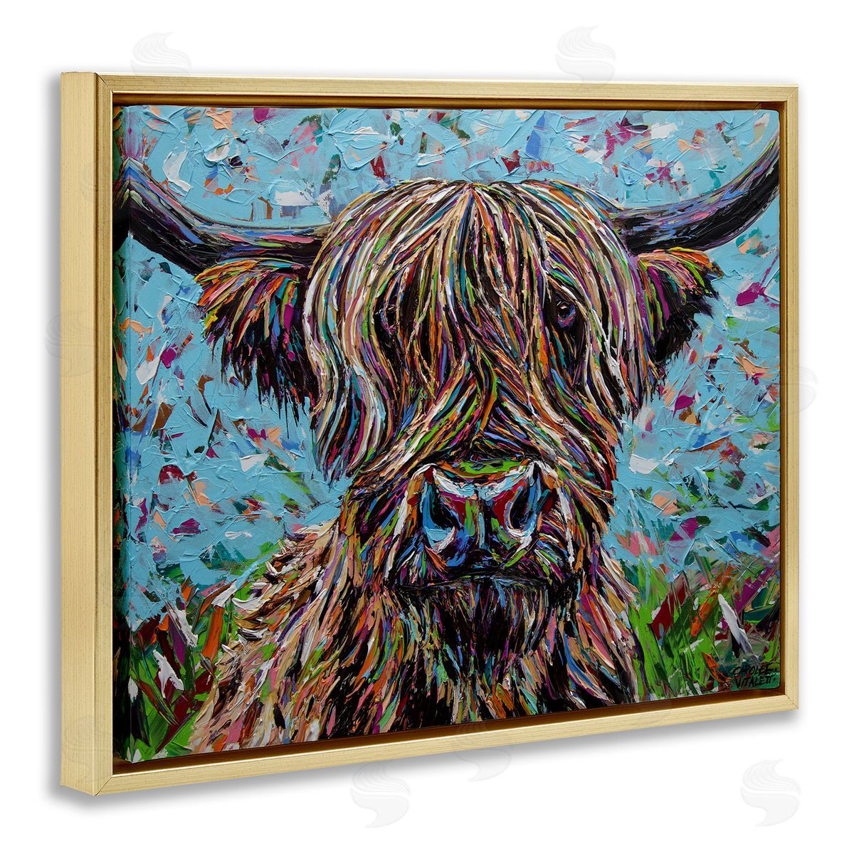 Carolee Vitaletti Highland Cattle Cow Layered Flecked Abstract Portrait Gold Floating Frame Canvas Wall Art Print