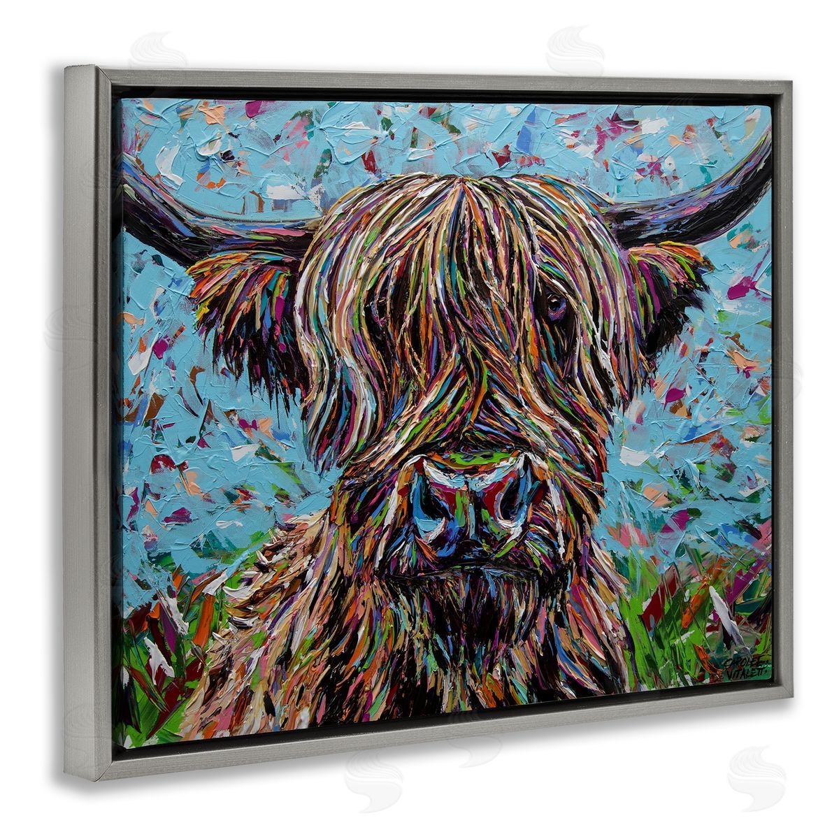 Carolee Vitaletti Highland Cattle Cow Layered Flecked Abstract Portrait Gray Floating Frame Canvas Wall Art Print