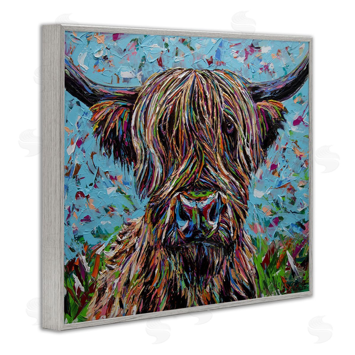 Carolee Vitaletti Highland Cattle Cow Layered Flecked Abstract Portrait Gray Framed Giclee Wall Art Print