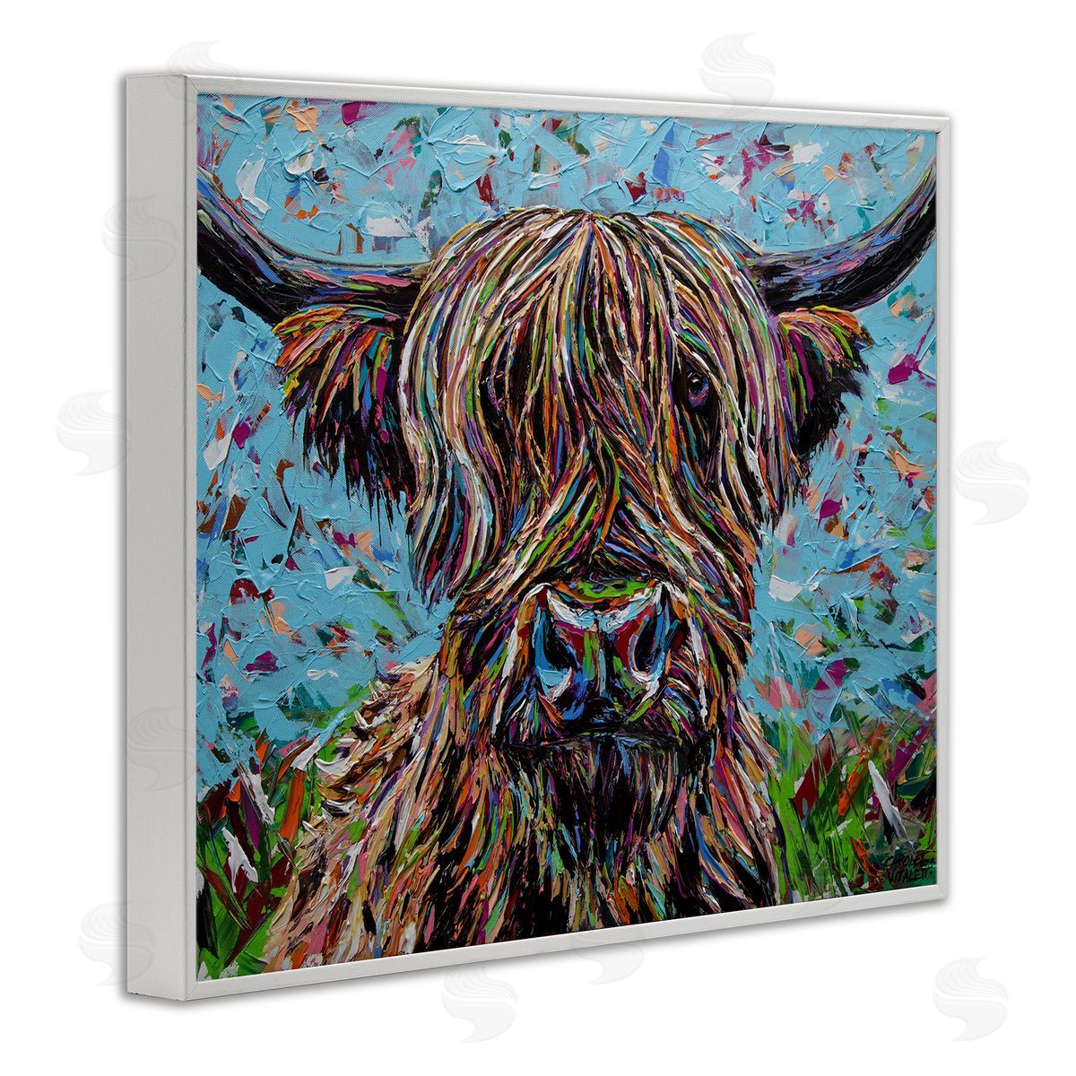 Carolee Vitaletti Highland Cattle Cow Layered Flecked Abstract Portrait White Framed Giclee Wall Art Print