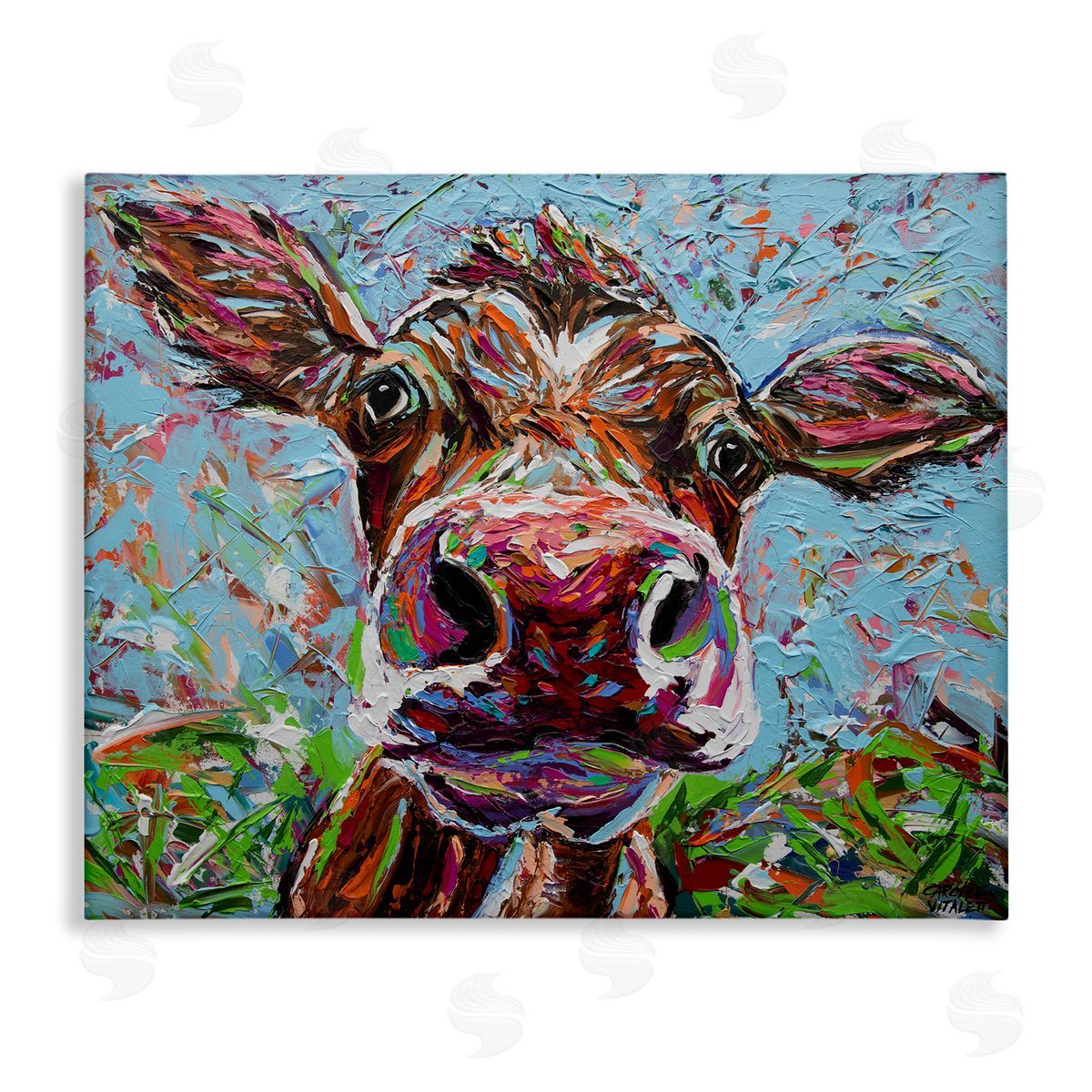 Carolee Vitaletti Bold Cattle Cow Kaleidoscopic Layered Farm Painting  Stretched Canvas Wall Art Print
