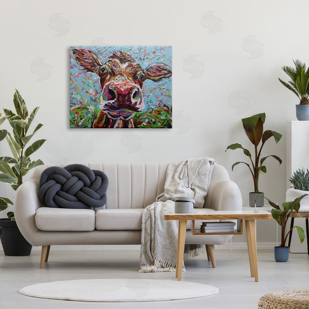 Carolee Vitaletti Bold Cattle Cow Kaleidoscopic Layered Farm Painting  Canvas Wall Art Print in Room