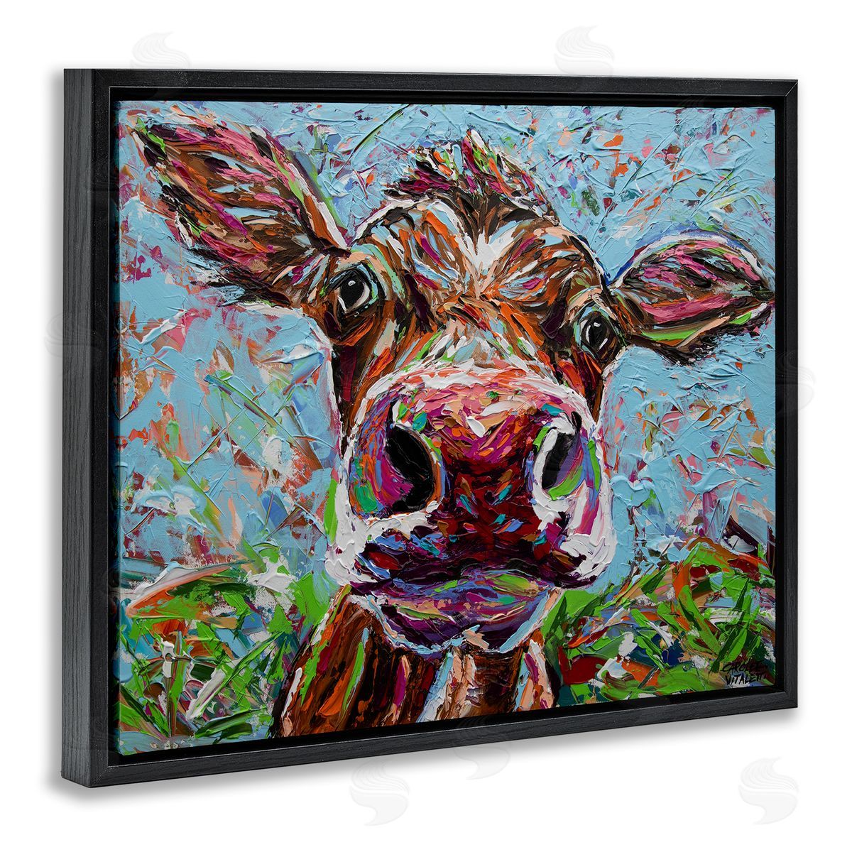 Carolee Vitaletti Bold Cattle Cow Kaleidoscopic Layered Farm Painting  Black Floating Frame Canvas Wall Art Print