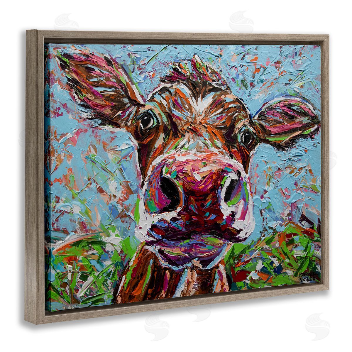 Carolee Vitaletti Bold Cattle Cow Kaleidoscopic Layered Farm Painting  Brown Floating Frame Canvas Wall Art Print