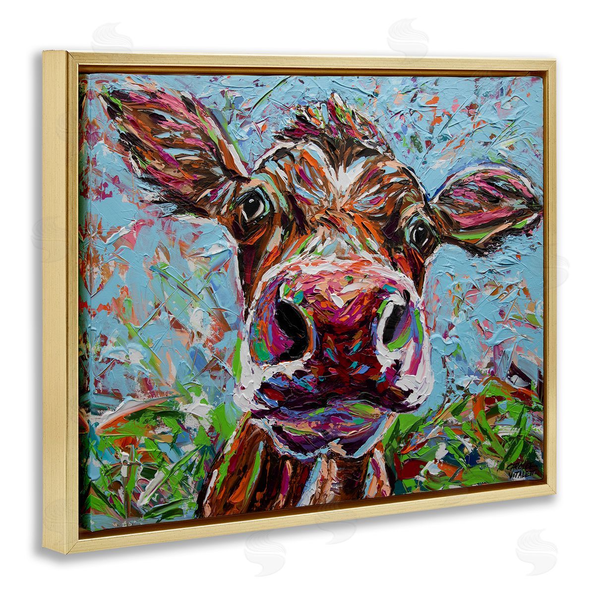 Carolee Vitaletti Bold Cattle Cow Kaleidoscopic Layered Farm Painting  Gold Floating Frame Canvas Wall Art Print
