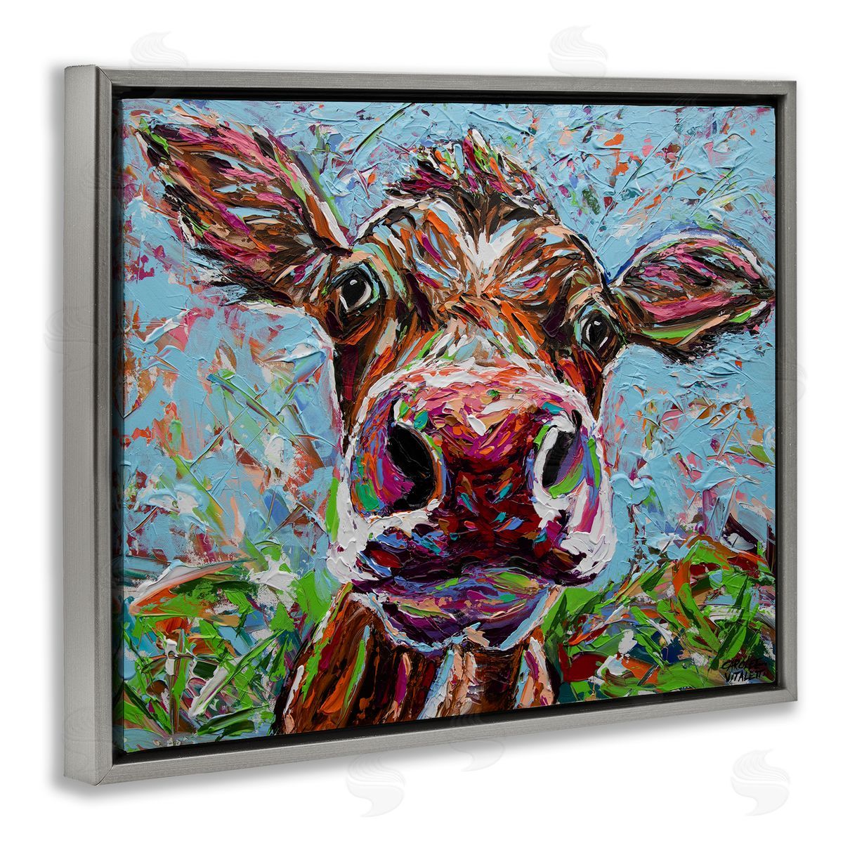 Carolee Vitaletti Bold Cattle Cow Kaleidoscopic Layered Farm Painting  Gray Floating Frame Canvas Wall Art Print
