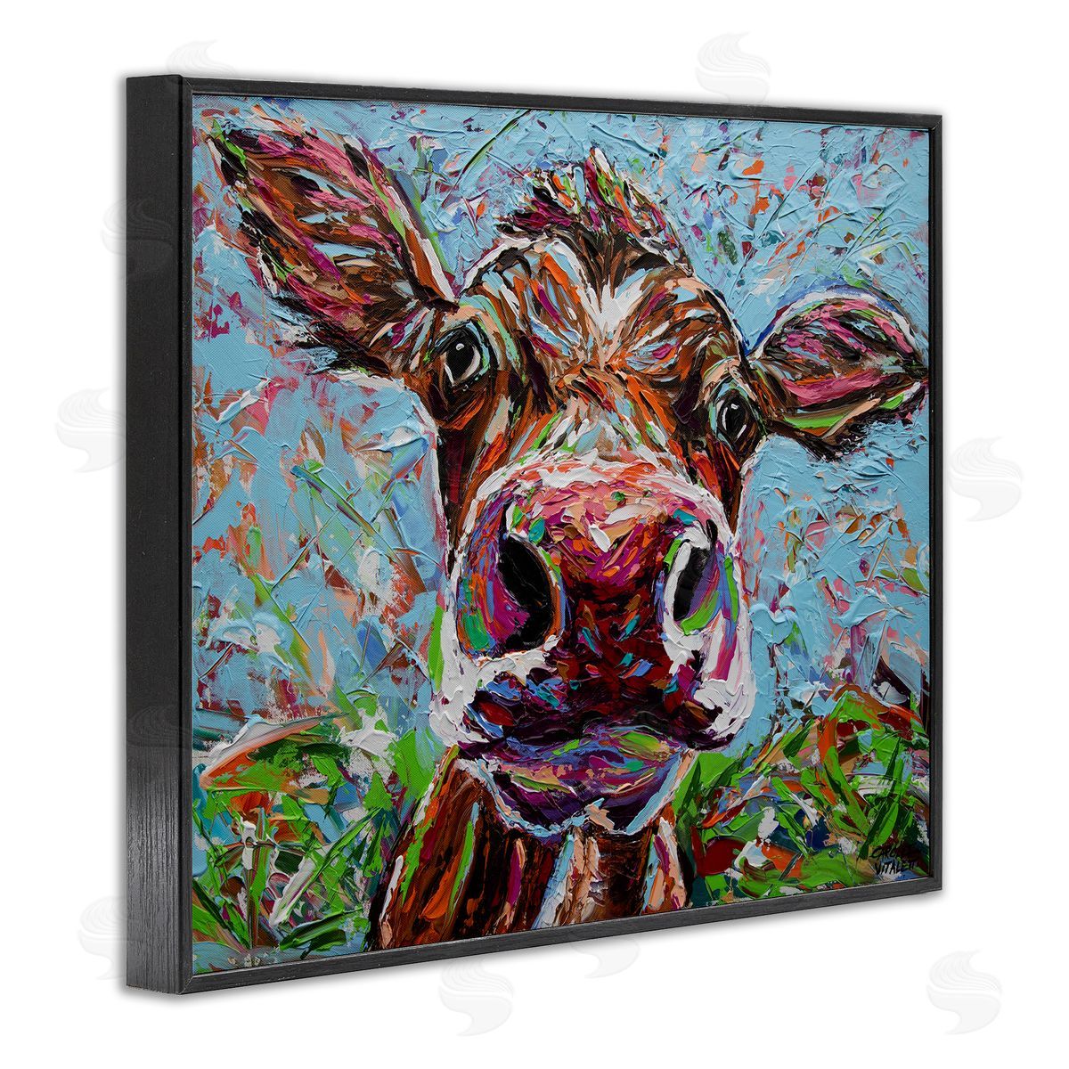 Carolee Vitaletti Bold Cattle Cow Kaleidoscopic Layered Farm Painting  Black Framed Giclee Wall Art Print