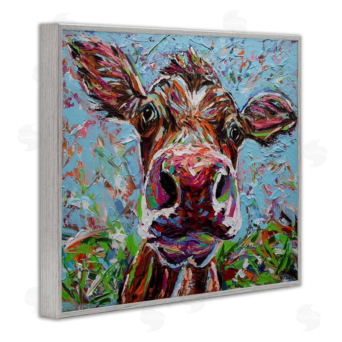 Carolee Vitaletti Bold Cattle Cow Kaleidoscopic Layered Farm Painting  Gray Framed Giclee Wall Art Print