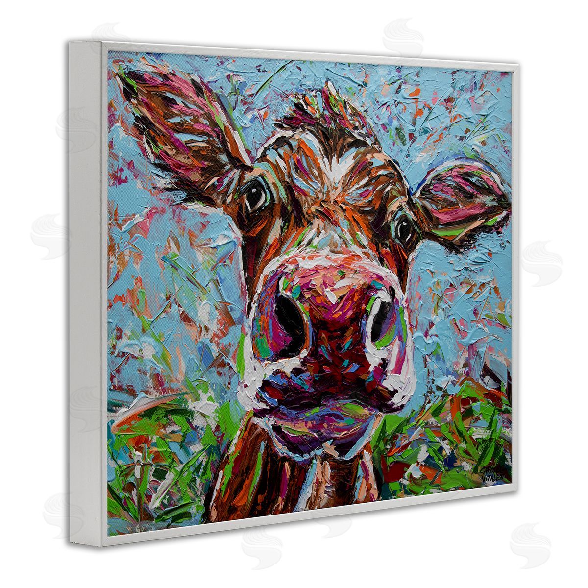 Carolee Vitaletti Bold Cattle Cow Kaleidoscopic Layered Farm Painting  White Framed Giclee Wall Art Print