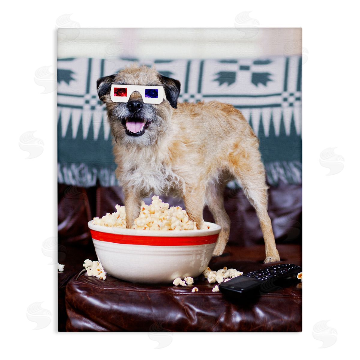 Michael Quackenbush Dog 3-D Movie Night Couch Snacking Popcorn  Stretched Canvas Wall Art Print