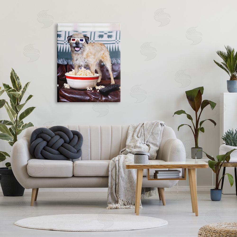 Michael Quackenbush Dog 3-D Movie Night Couch Snacking Popcorn  Canvas Wall Art Print in Room